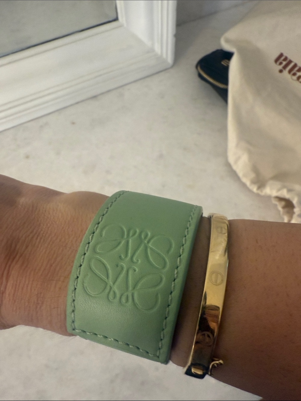 Loewe Mint Green Embossed Leather Cuff Belt with Tan Interior - Picture 3 of 5